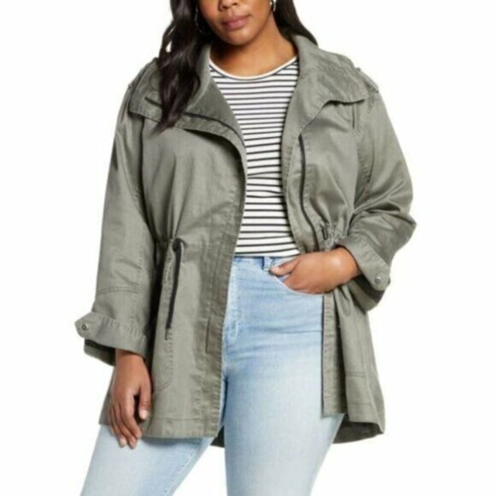 Halogen Green Jacket Drawstring Waist Washed Cotton Parka Jacket 2X NWT